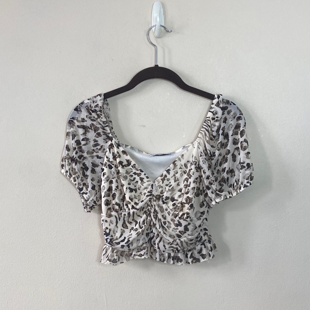 Urban Outfitters Leopard Print Ruched Crop Top Sheer Puff Sleeve Womens Medium